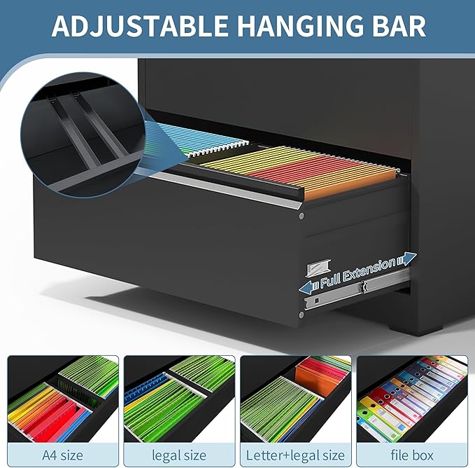 AQY 4 Drawer File Cabinets with Lock,Metal Lateral File Cabinets for Home Office,Steel Wide Filing Organization Storage Cabinets for Hanging Files Letter/Legal/F4/A4 Size Assembly Required(Black)