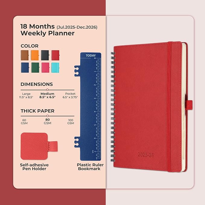 Planner 2025-2026 Daily Weekly and Monthly,8.5"x6.5",18 Months Spiral Bound Calendar Agenda with Self-adhesive Pen Holder,2026 Academic Plan with Vegan Leather Soft Cover,Red