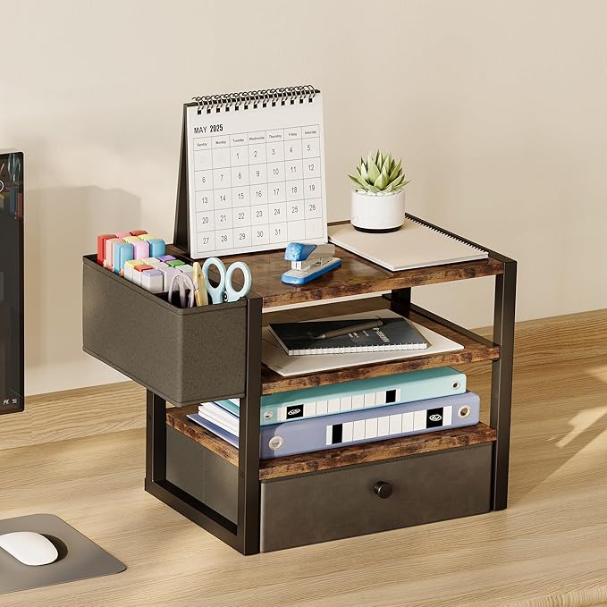 Desk Organizers and Accessories, 4-Tier Paper Letter Tray File Organizer with Fabric Drawer & 3 Pen Holder, Office Desk Accessories Workspace Desktop Organizer for Office Supplies, Rustic Brown