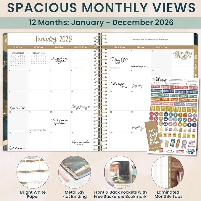 bloom daily planners 2026 Planner (January to December) - 8.5” x 11” Weekly & Monthly Dated Agenda Organizer Book with Stickers & Tabs - Flexible Soft Cover - Celestial Skies