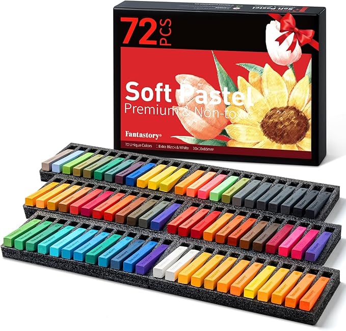 Fantastory Long Soft Chalk Pastels Set, 72 Sticks,Includes 5 Fluorescent Colors; Non Toxic Soft Pastels for Artists,Beginners;Classroom; Drawing,Blending,Layering;Christmas Art Supplies