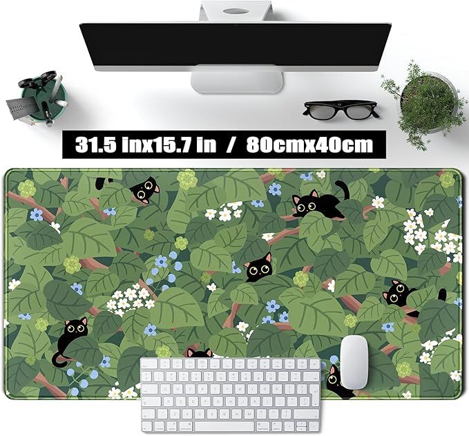 Kawaii Anime Aesthetic Black Cat Forest Plant Desk Mat, Green Sage XXL Large Extended Mouse Pad Gaming Cute Cats Desk pad, Laptop Keyboard and Mouse Mat for Women Desktop Office Decor 31.5x15.7 in