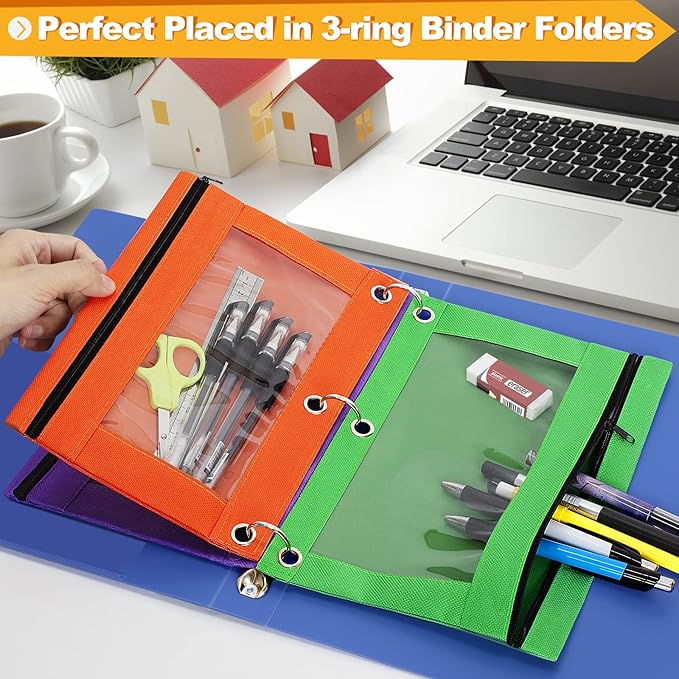 Officygnet 63 Pcs Pencil Pouch for 3 Ring Binder, Bulk Pencil Case Pouch with Clear Window, Pencil Bags with Smooth Zipper, Pencil Pouch for School Office Classroom Supplies(7 Color)