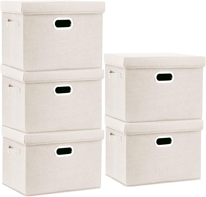TYEERS Large Storage Bins with Lids, Collapsible, Washable, Fabric Storage Boxes for Organizing, 17.3x11.8x11.4 inches, 5 Pack, Beige