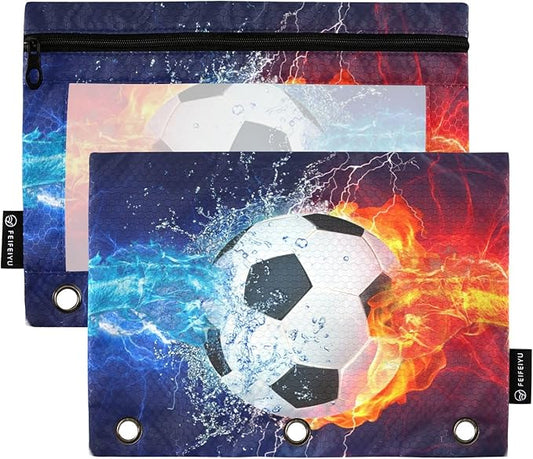 ZAZYXTJ Soccer Binder Pencil Pouchs 3 Ring with Zipper Clear Window Office Organizers bag for School Students Teacher Supplies 2 Pack