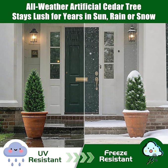 Artificial Cedar Trees, 3FT Tall Faux Tree Potted Plants with Trunk 36in Fake Cypress Tree for Indoor Outdoor Front Porch Garden Decor-2pack