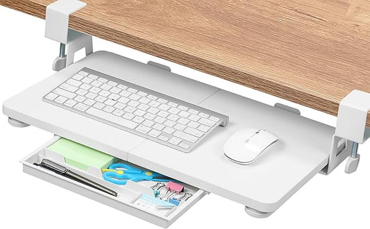 ETHU Keyboard Tray Under Desk, 19.7' X 11.81" Small Size Keyboard Drawer with C Clamp-on Mount Easy to Install, Computer Keyboard Stand Slide Pull Out, Ergonomic Keyboard Tray for Home, Office