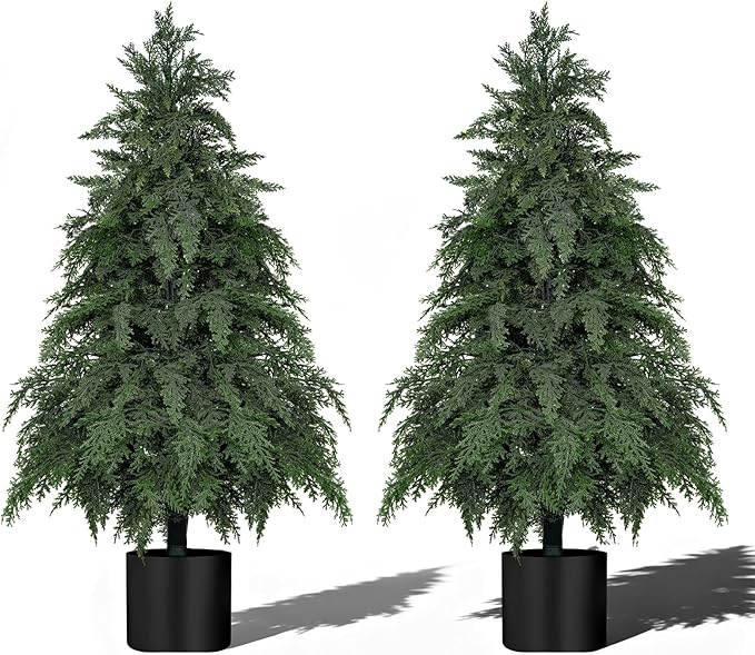 3FT Artificial Topiary Tree with Pot, 2 Pack Fake Evergreen Tree for Porch, Artificial Plants for Outdoor Christmas Home Garden Decor