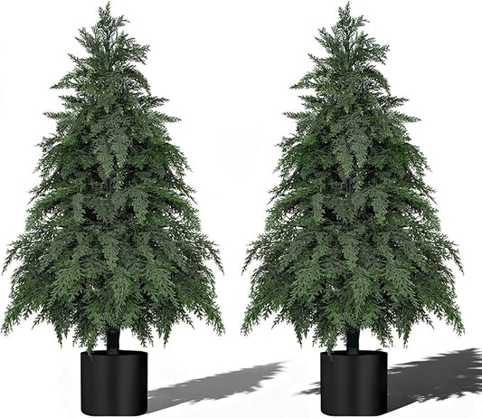 3FT Artificial Topiary Tree with Pot, 2 Pack Fake Evergreen Tree for Porch, Artificial Plants for Outdoor Christmas Home Garden Decor