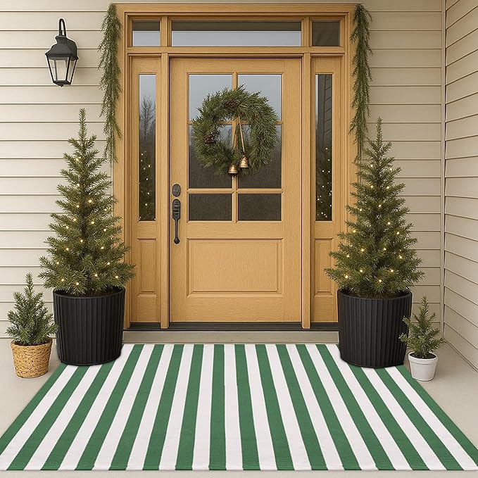 Christmas Green & White Striepd Rug - 3' x 5' Outdoor Front Door Decor Mat Cotton Washable Hand-Woven Rug Christmas New Year Holiday Porch Entryway Layered Doormat