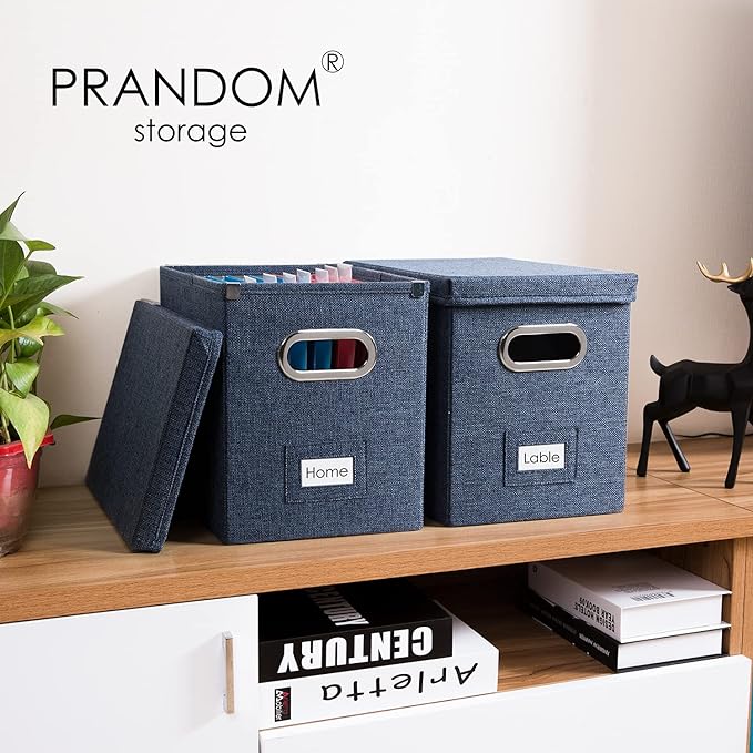 PRANDOM File Organizer Box - Set of 2 Collapsible Decorative Linen Filing Storage Hanging File Folders with Lids Office Cabinet Letter Size Navy Blue (14x9.3x10.8 inch)