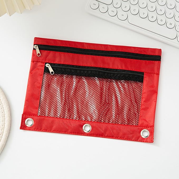 Pencil Pouch for 3 Ring Binder - 3 Hole Zipper Pen Case Bag Holder Bulk Accessories Clear Window Aesthetic Organizer Pockets (Red, 1)