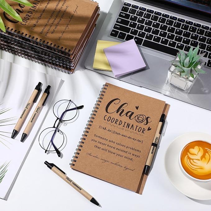 Nezyo 10 Sets Chaos Coordinator Gifts Employee Appreciation Week Notebook with Ballpoint Pen Spiral Notebook Teacher Appreciation Gifts Bulk for Women Men Journals Thank You Cowerker (Brown)