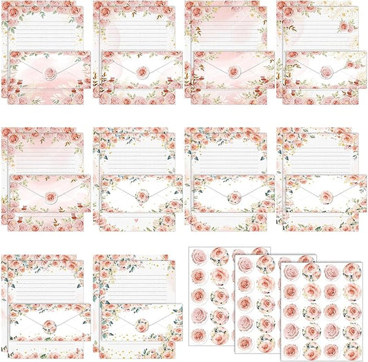 TaoBary 160 Pcs Stationery Paper Set 50 Double Sided Stationery Papers with 50 Matching Envelopes and 60 Round Dot Sticker, 10 Design(Floral,8.5 x 11 Inch)