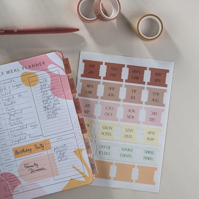 DiverseBee Laminated Planner Monthly Tabs, 24 Peel and Stick Tabs for Notebooks (12 Month Tabs and 4 Blank Tabs), Calendar Monthly Tab Stickers for Planners, Monthly Dividers (Peony)