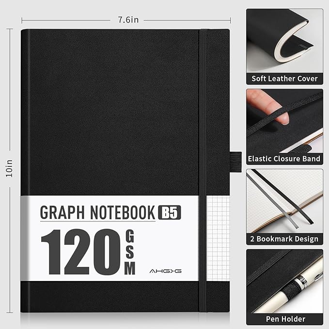 AHGXG Graph Paper Notebook - Grid Notebook Journal, 120 GSM Thick Graph Paper, Large B5 Notebook 96 Pages, Leather Softcover, for Graphing, Writing, Math, Engineering, 7.6'' X 10'' - Black
