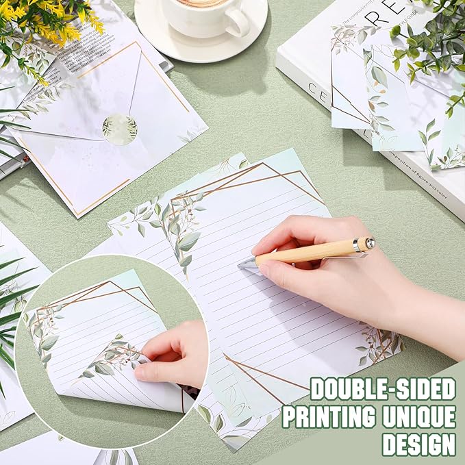 TaoBary 160 Pcs Stationery Paper Set 50 Double Sided Stationery Papers with 50 Matching Envelopes and 60 Round Dot Sticker, 10 Design(Eucalyptus,5.5 x 8.25 Inch)