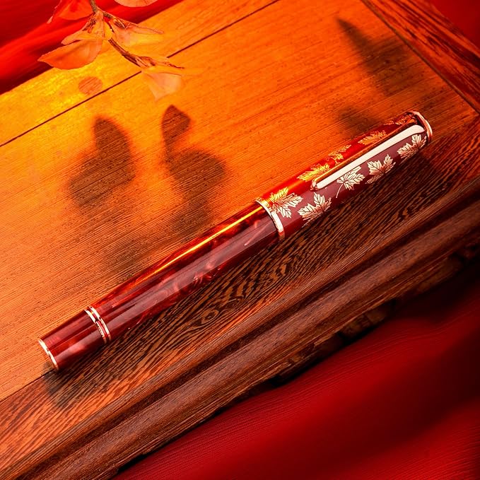 Hongdian N8 Red Acrylic Fountain Pen, Long Blade Fine Nib Rose Gold Trim Maple Leaves Carving Cap, Smooth Writing Pen with Converter and Metal Pen Box Set