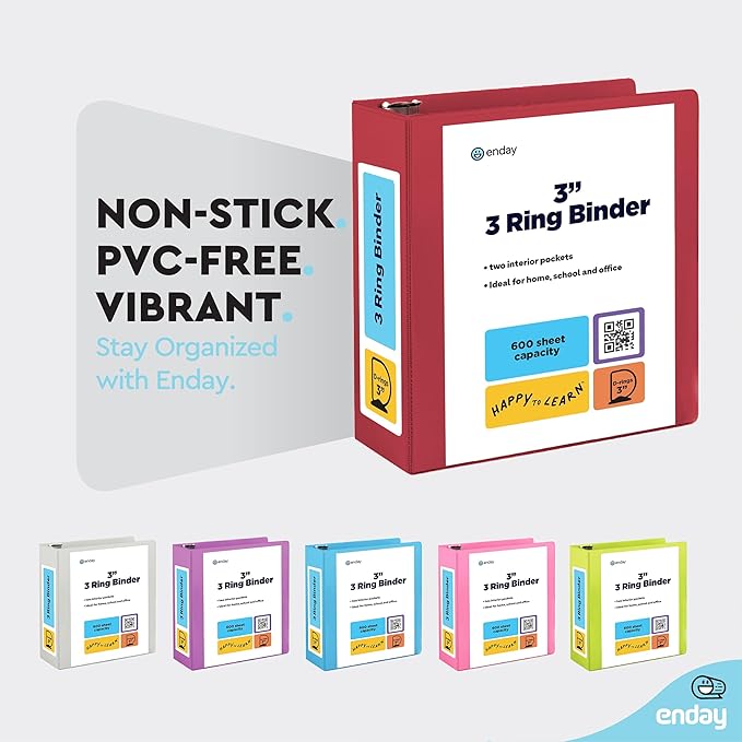 3 Inch Binder 3 Ring Binders Red, Slant D-Ring 3” Clear View Cover with 2 Inside Pockets, Heavy Duty Colored School Supplies Office and Home Binders – by Enday
