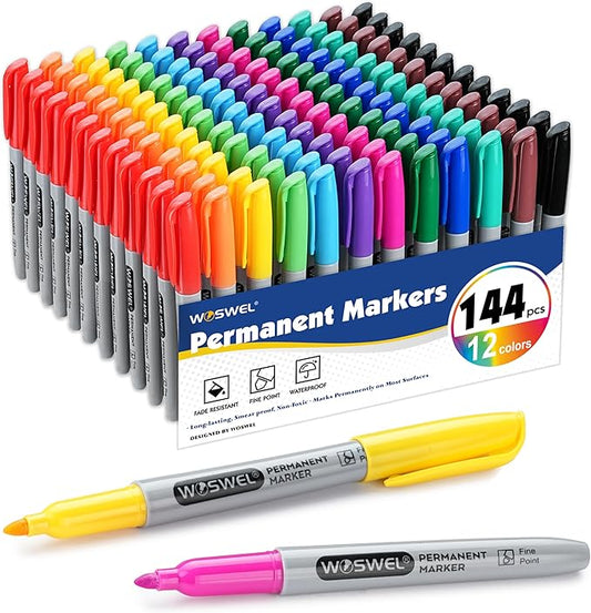 Permanent Markers Bulk, 144 Pack Permanent Marker Set, 12 Assorted Colors, Fine Point Tip, Fast Dry, Waterproof, work on Plastic, Glass, Metal, Wood and Stone, Perfect for School, Office, Home