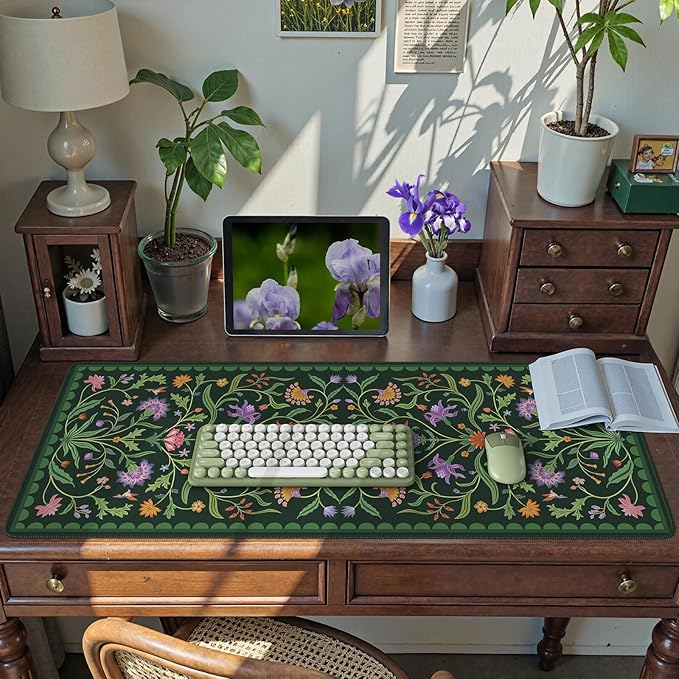 HAOCOO Moss Green Aesthetic Desk Matt for Desktop, Cute Mouse Pad, Non-Slip Vintage Keyboard Mat with Stitched Edge, Large Desk Docer Mat, Desk Cover for Home, School, Office