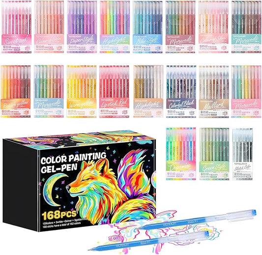 168 Colors Gel Pens, 0.6 mm Fine Tip Gel Pens for Adult Coloring Book—Portable Case gel pens Colored for Coloring,Journaling, Drawing,Painting & DIY Crafts. Non-Toxic,Smooth,Water-Based