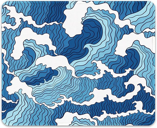 Auhoahsil Mouse Pad, 12 x 10 in Japanese Style Wave Computer Mouse Pad for Desk, Premium-Textured Non-Slip Rubber Stitched Edges Waterproof Square Mouse Mat for Gaming Work Wireless Mice, Blue