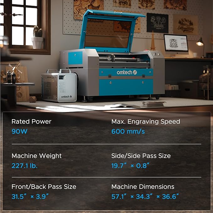 OMTech 90W CO2 Laser Engraver with Water Chiller & LightBurn, 28"x20" Cutting & Engraving Machine with Air Assist, 4-Way Pass, Caster Wheels, RDWorks, for Wood, Glass, Acrylic & More