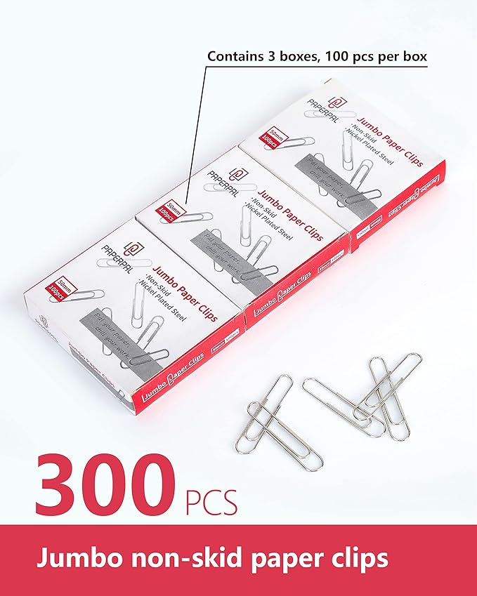 PAPERPAL Paperclips for Office School & Personal Use, Jumbo Nonskid Paper Clip (2"), 300 Large Paper Clips (3 Boxes of 100 Each), Silver