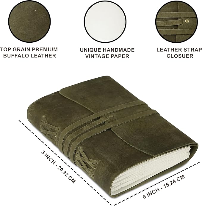 Handmade Leather Journal 8x6 Inch | Green Vintage Notebook with Unlined Paper | Cotton Recycled Paper | Antique Travel Diary, Sketchbook, Writing Journal for Men & Women