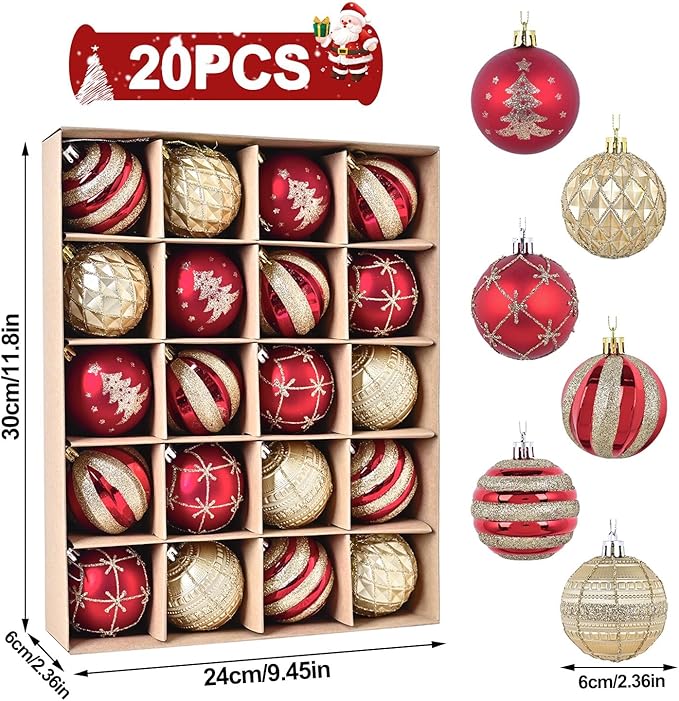 Christmas Tree Ball Ornaments 20ct Set, 2.36 Inch Red Gold Classic Christmas Decorations, Shatterproof Hanging Ornaments for Xmas Holiday Decoration