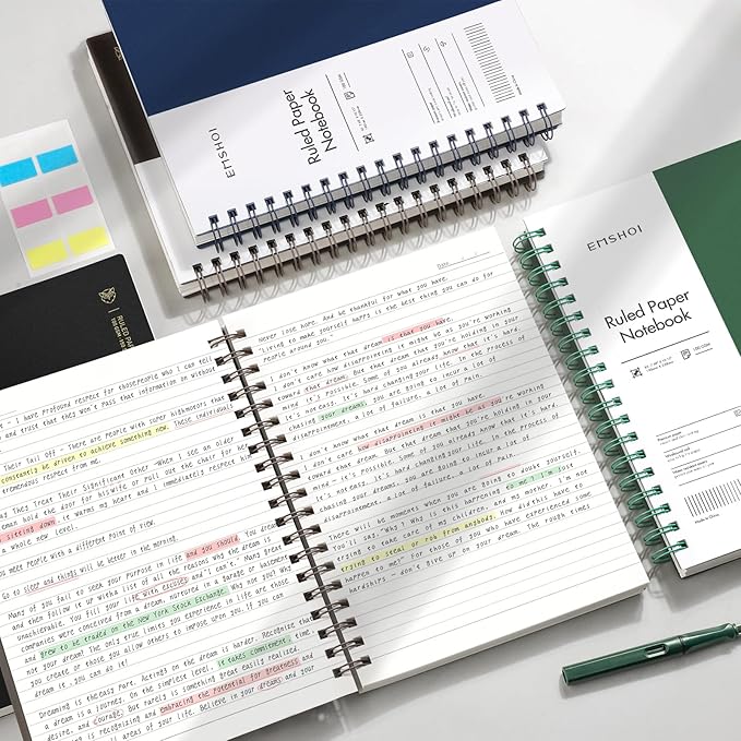 EMSHOI A4 Spiral Notebook Lined Journal, 11.2" X 8.27", 300 Pages/150 Sheets, 100gsm Thick Paper, Waterproof Softcover, Twin-Wire Binding, for School Work Writing Note Taking-Black