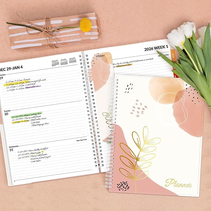 SUNEE 2026 Weekly and Monthly Planner - from January 2026 - December 2026, 8.5"x11" Daily Agenda Planner with Monthly Tab, Flexible Cover, Note Pages, Pockets, Bookmark, Spiral Binding, Pink Breeze
