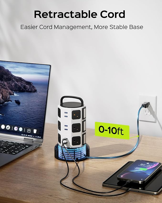 【10ft】 Power Strip Tower JACKYLED Surge Protector Electric Charging Station with 13A 12 Outlets 6 USB Ports Heavy Duty Extension Cord for Home Office Computer Nightstand Laptop Phone White Black