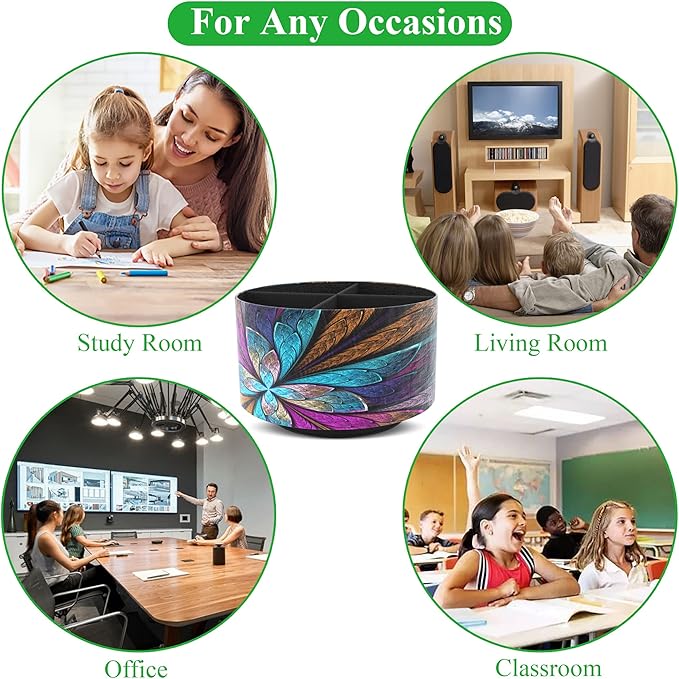 Hennaja Round Leather Art Supply Organizer,Remote Control Holder,360 Degree Rotating,Multi-Functional Pencil Holder,4 Compartments Desktop Stationary Organizer(1-Fractal Flower)