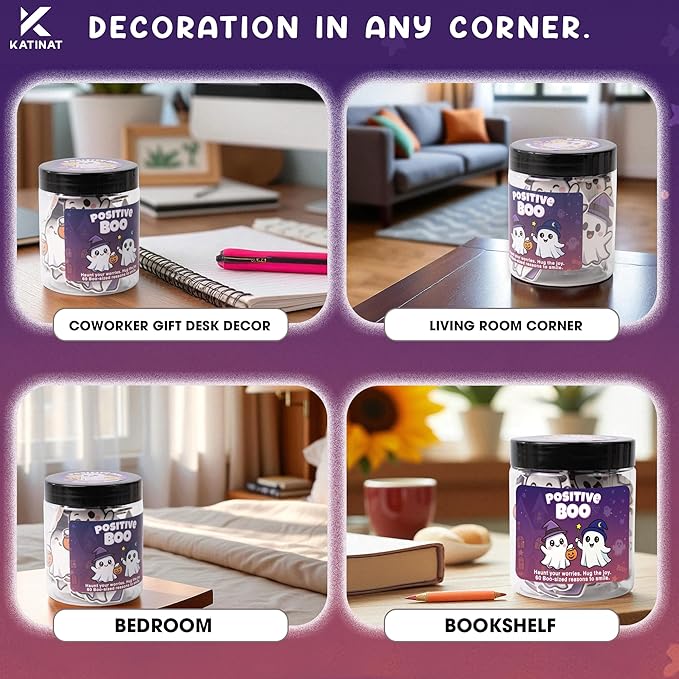 Positive Ghost Affirmation Jar – Halloween Gifts for Kids, Teens, Women – 60 Cute Ghost Cards for Emotional Support, Glow in the Dark Decor, Trick or Treat Basket Stuffer