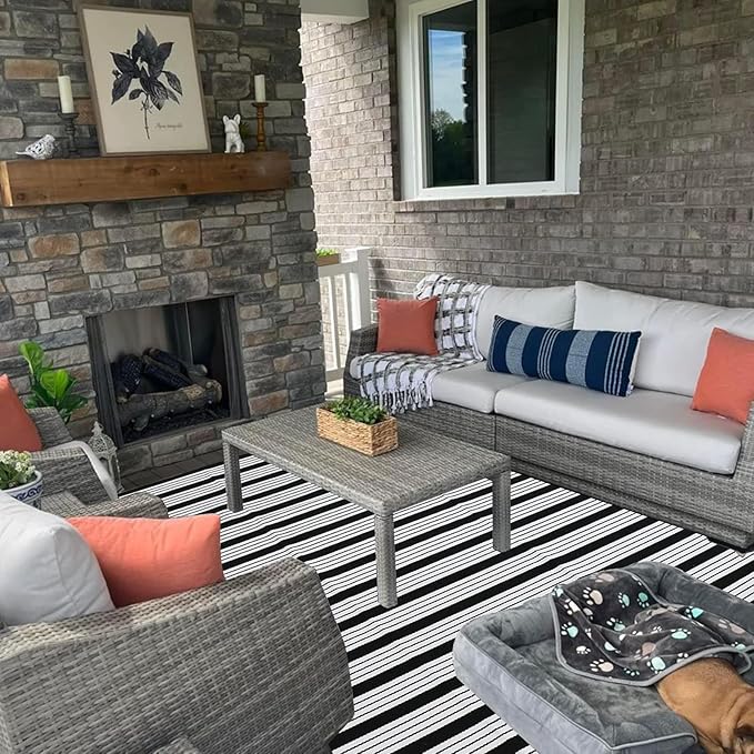 CAINANEL Black and White Striped Outdoor Rug 4' x 6' Front Porchr Mat Handwoven Cotton Indoor/Outdoor Rug for Layered Door Mats,Welcome Door Mat, Front Porch,Farmhouse,Entry Way