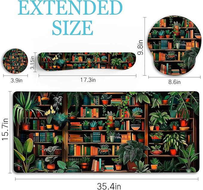 Book Mouse Pad Set Large Desk Matt for Desktop, Ergonomic Mouse Pad with Wrist Rest, Gaming Mouse Pad Wrist Support Keyboard Mat Cup Coaster Set Cute Office Desk Decor Accessories