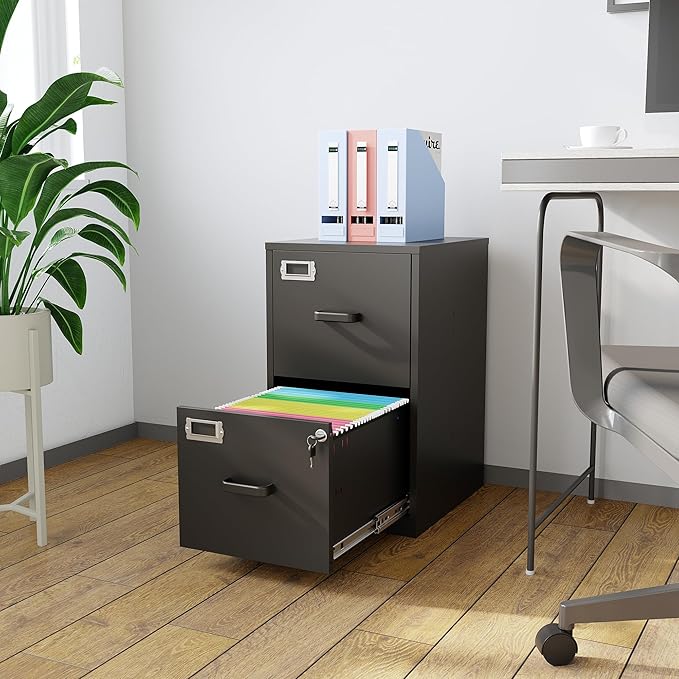 2 Drawer File Cabinet with Lock,Black Metal Vertical File Cabinets for Letter Size, Filing Cabinets for Home Office, Under Desk File Cabinet, Easy Assemble