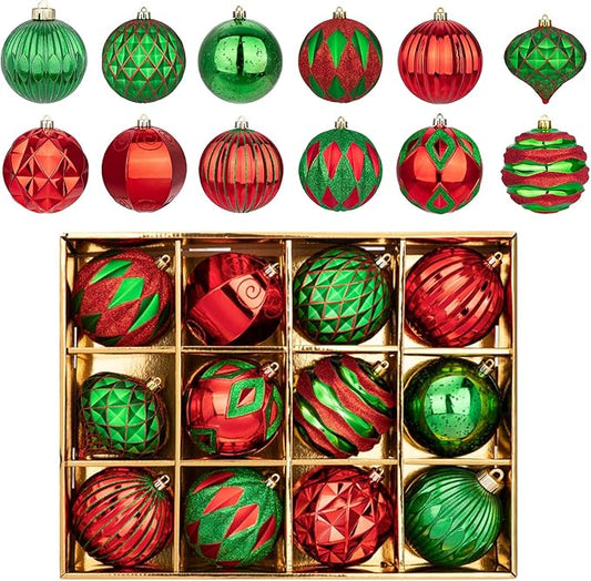 Hollyone 4 Inch Red & Green Christmas Ornaments - 12 Pcs Shatterproof Balls for Xmas Tree Decor & Holiday Party Wreath (Red & Green, 100mm)
