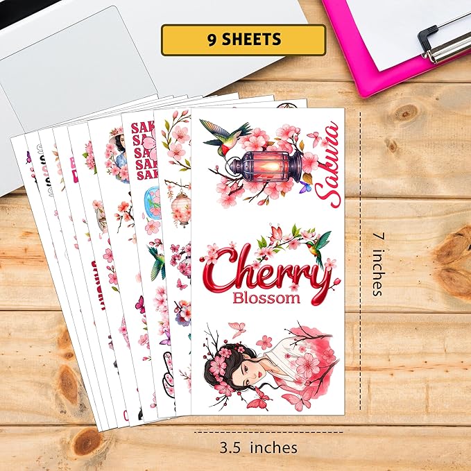 105 PCS Cherry Blossom Stickers Pack, Sakura Floral Pink Vinyl Waterproof Decals, Flower Laptop Water Bottle Scrapbook Sticker Gift for Kids Teens Adults Birthday Christmas