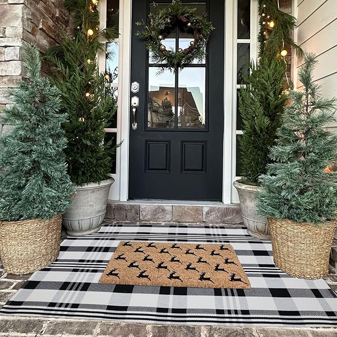 Fall Décor Plaid Rug, 3' x 5' Black&White Check Indoor/Outdoor Area Rug, Layering Rug for Hello/Welcome Door Mat, Machine Washable Cotton Woven Rugs for Farmhouse Front Porch, Entryway