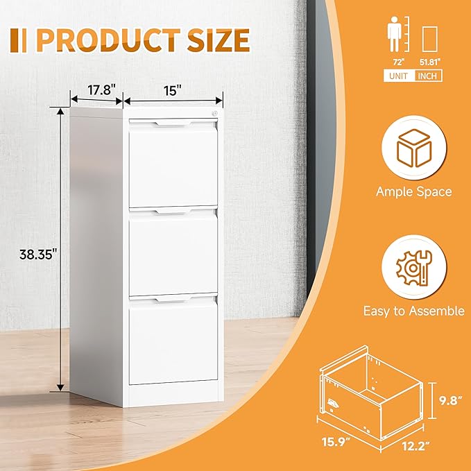 3-Drawer Metal File Cabinet with Lock,Steel Printer Stand with Storage for Home Office,Vertical Filing Cabinet for Legal/Letter/A4 Files,Assembly Required(15''W-3 Drawers,White)