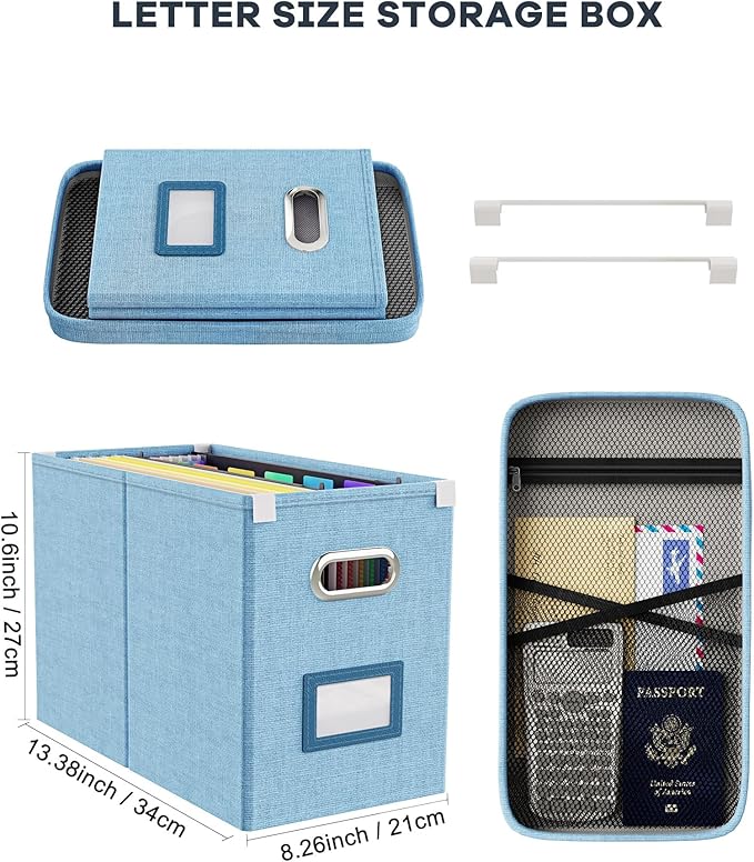 Oterri File Organizer Box with Lid, Hanging Filing File Box with Mesh Pocket, Document Organizer Box for Letter Files, Portable Storage Box with Smooth Sliding Rail for Office&Home (2 PCS, Sky-blue)