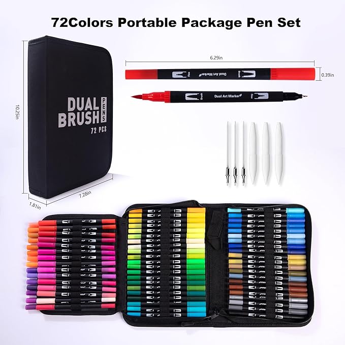 Dual Markers Brush Pens, 72 Colors Art Marker Set with Brush and Fine Tips – Premium Art Supplies for Kids & Adults, Perfect for Coloring Books, Hand Lettering, Calligraphy, and Drawing