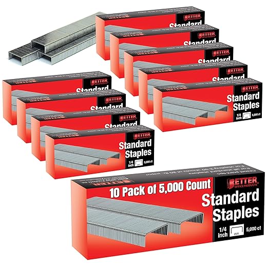 Better Office Products 50,000 Staples, 10 Pack of 5,000 Count, 26/6, 1/4-inch, Chisel Point Tips, Jam Free Staples, Fits All Standard Desktop Office Staplers