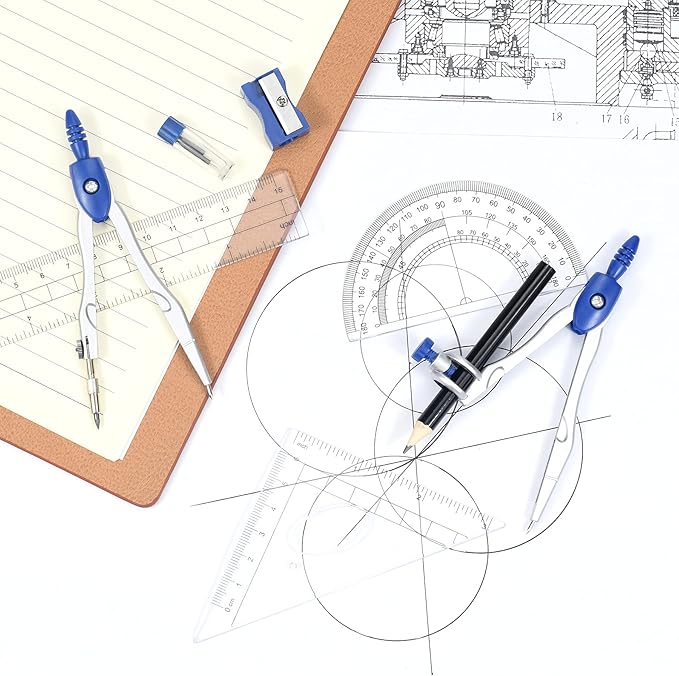 Math Geometry Kit Sets 10 Piece Student Supplies with Shatterproof Storage Box,Includes Rulers,Protractor,Compass,Eraser,Pencil Sharpener,Lead Refills,Pencil,for Drafting（Navy Blue）