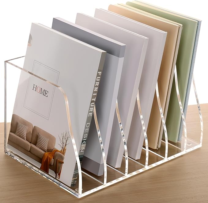 SANRUI Acrylic Desk File Organizer, 6 Vertical Compartments Clear Magazine File Holder Workspace Sorters, Folder Rack for Office Accessories Organization Storage