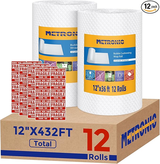 Metronic Bubble Cushioning Wrap 12 Pack 12 Inch x 432ft Total, Dense Bubble Packing Air Wrap Clear Bubble Packing Roll for Shipping and Moving Supplies, Perforated Every 12"