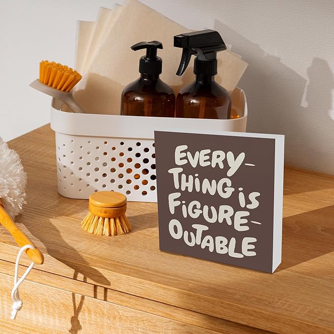 Inspirational Office Decor, Every Thing is Figure Outable Motivational Office Accessories Wooden Box Sign, Inspirational Gifts for Women, Men Wall Desk Shelf Tabletop Decoration 5x5In